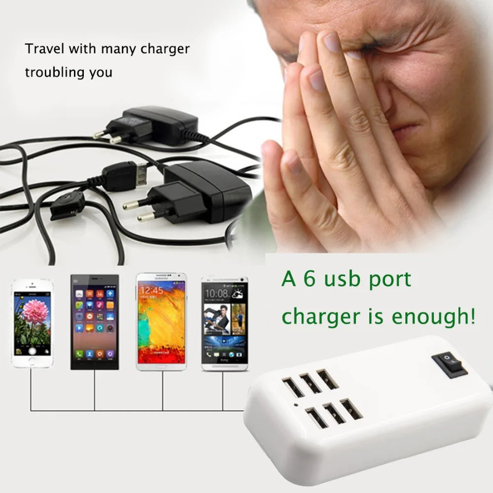 6 Port USB Hub Desktop Wall 30W Charger AC Power Adapter EU Plug US Plug Slots Charging Extension Socket Outlet With Switcher