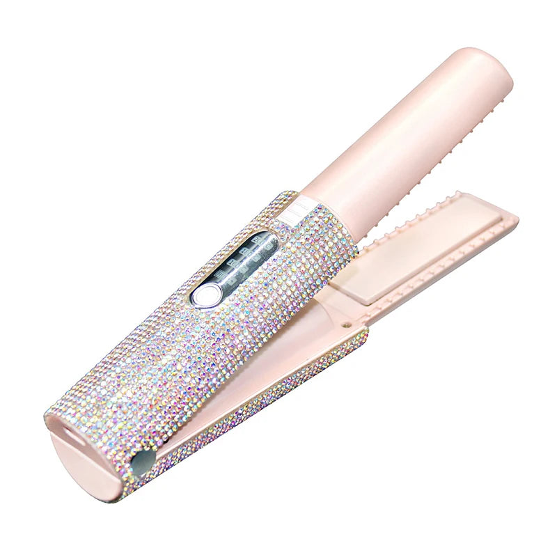 2-IN-1 Electric USB Hair Straightener Curler Fashion Colored Diamond  Design Wireless Travel Hair Straightening Styler Brush