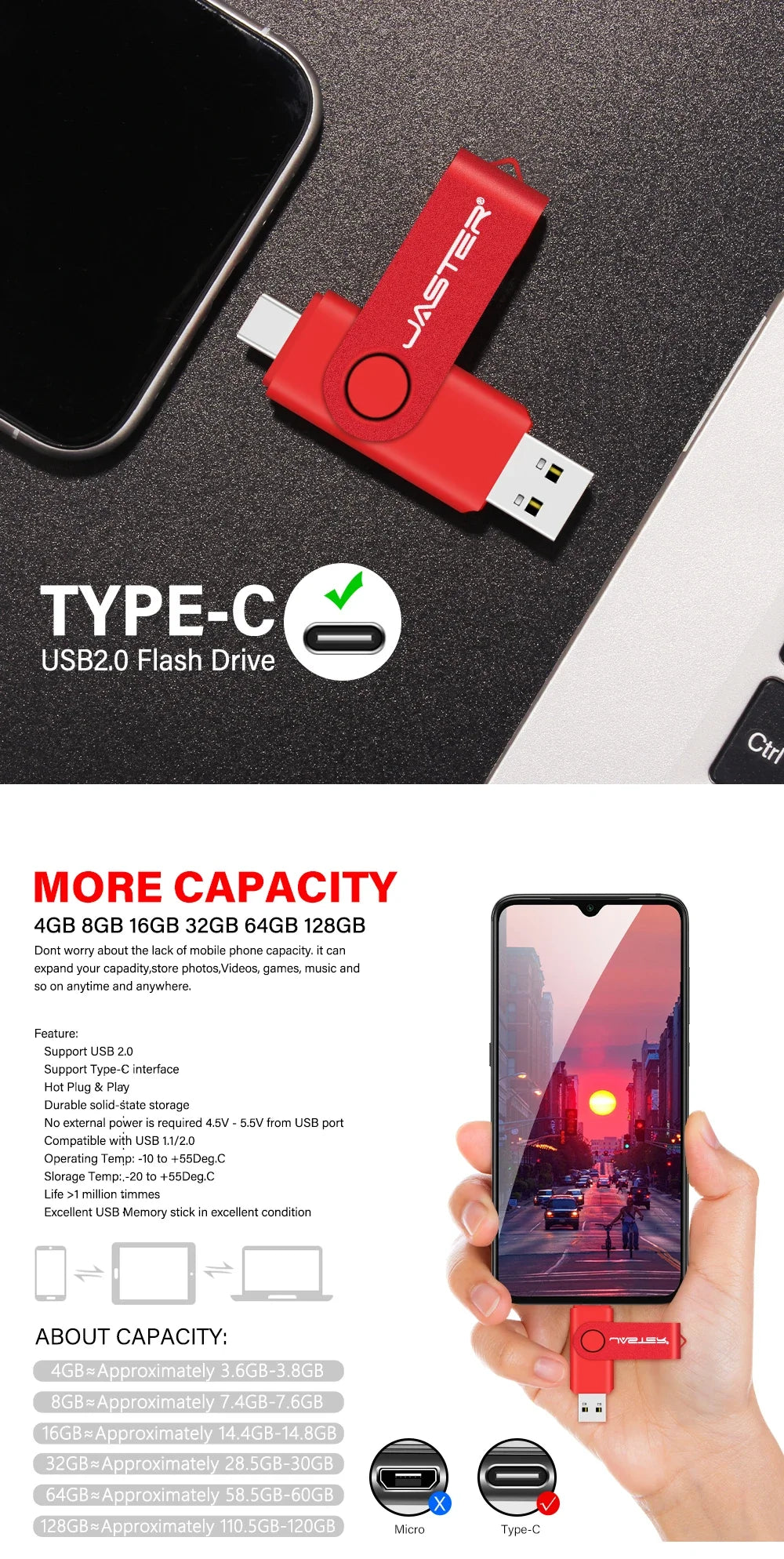 TYPE-C USB Flash Drive 128GB Real Capacity Pen Drive 64GB Free Key Chain Memory Stick Creative Business Gift Red U Disk Blue 32G