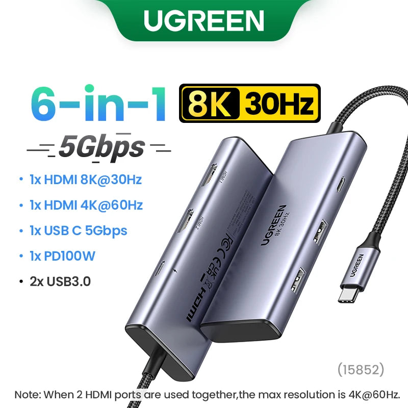 UGREEN Dual HDMI USB HUB 8K HDMI Adapter 10 in 1 Splitter with RJ45 USB 3.0 PD 100W Dock for MacBook Pro Air M2 M1 USB C HUB