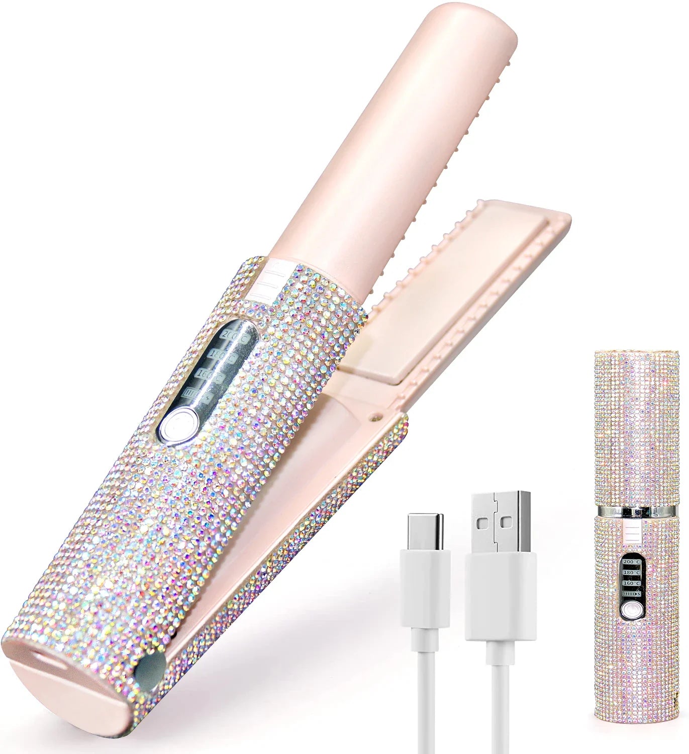 2-IN-1 Electric USB Hair Straightener Curler Fashion Colored Diamond  Design Wireless Travel Hair Straightening Styler Brush