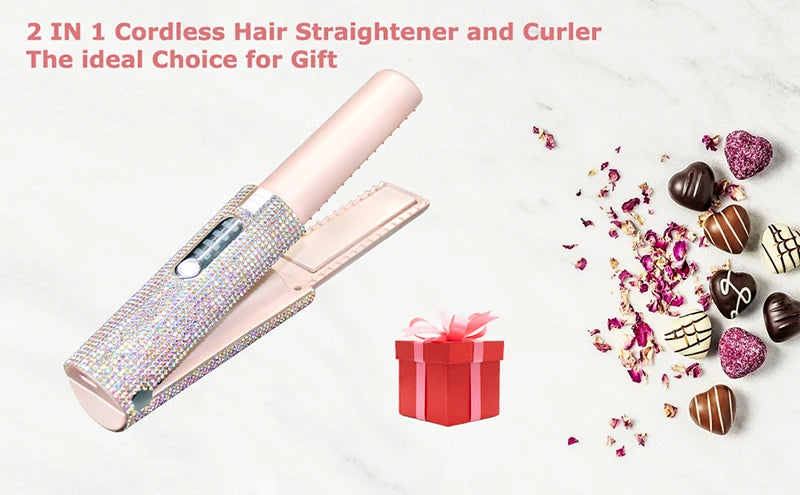 2-IN-1 Electric USB Hair Straightener Curler Fashion Colored Diamond  Design Wireless Travel Hair Straightening Styler Brush