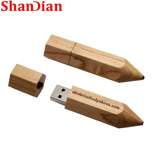 Wooden Pencil USB Flash Drives Free Custom Logo Pen Drive Maple Wood Real Capacity Memory Stick 64GB/32GB/16GB/8G/4G Gift U Disk